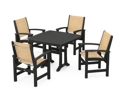 POLYWOOD® Coastal 5-Piece Dining Set with Trestle Legs in Black / Dupioni Apricot Sling