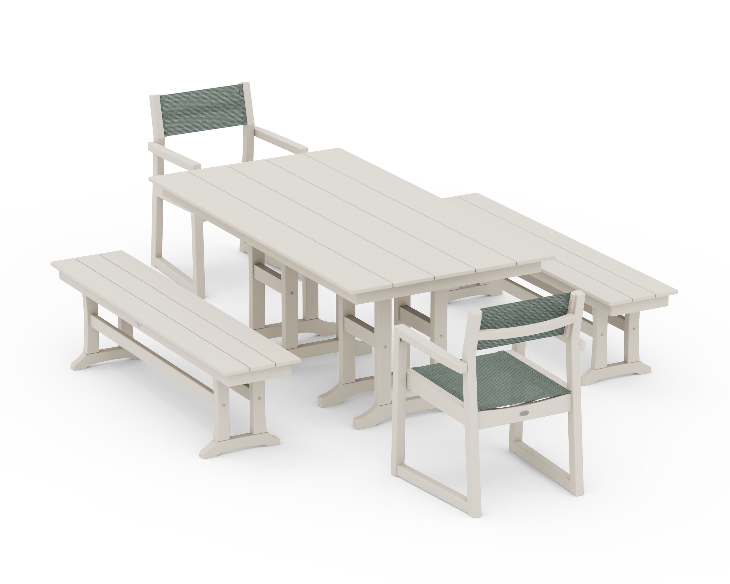POLYWOOD® EDGE Sling Arm Chair 5-Piece Farmhouse Dining Set with Benches in Sand / Dupioni Sea Mist Sling