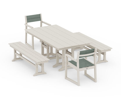 POLYWOOD® EDGE Sling Arm Chair 5-Piece Farmhouse Dining Set with Benches in Sand / Dupioni Sea Mist Sling