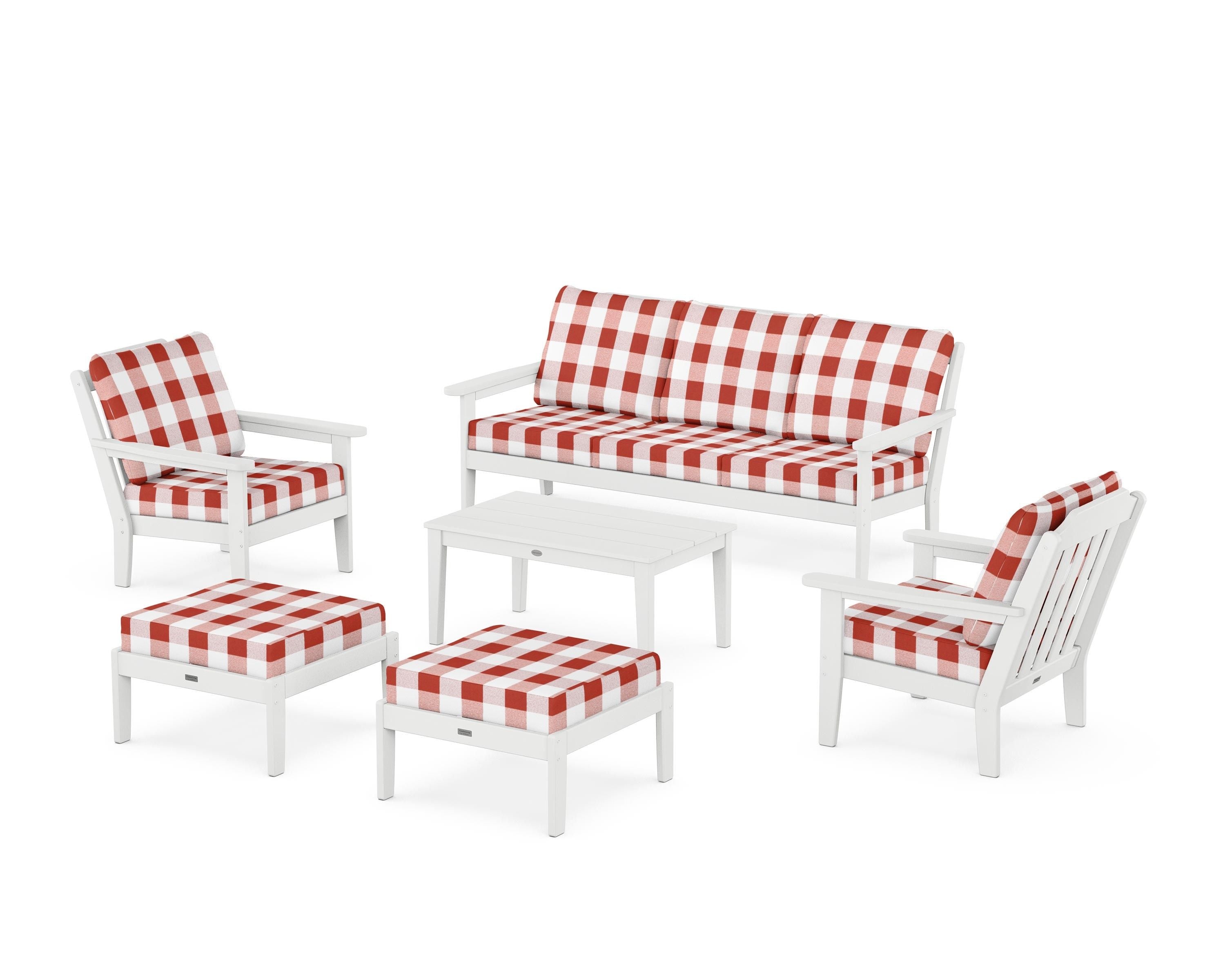 Country Living Cottage 6-Piece Lounge Sofa Set in White / Buffalo Plaid Crimson