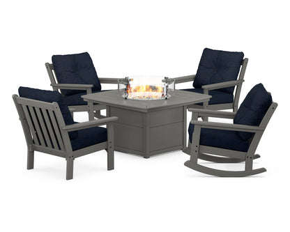 POLYWOOD® Vineyard 5-Piece Deep Seating Rocking Chair Conversation Set with Fire Pit Table in Slate Grey / Marine Indigo