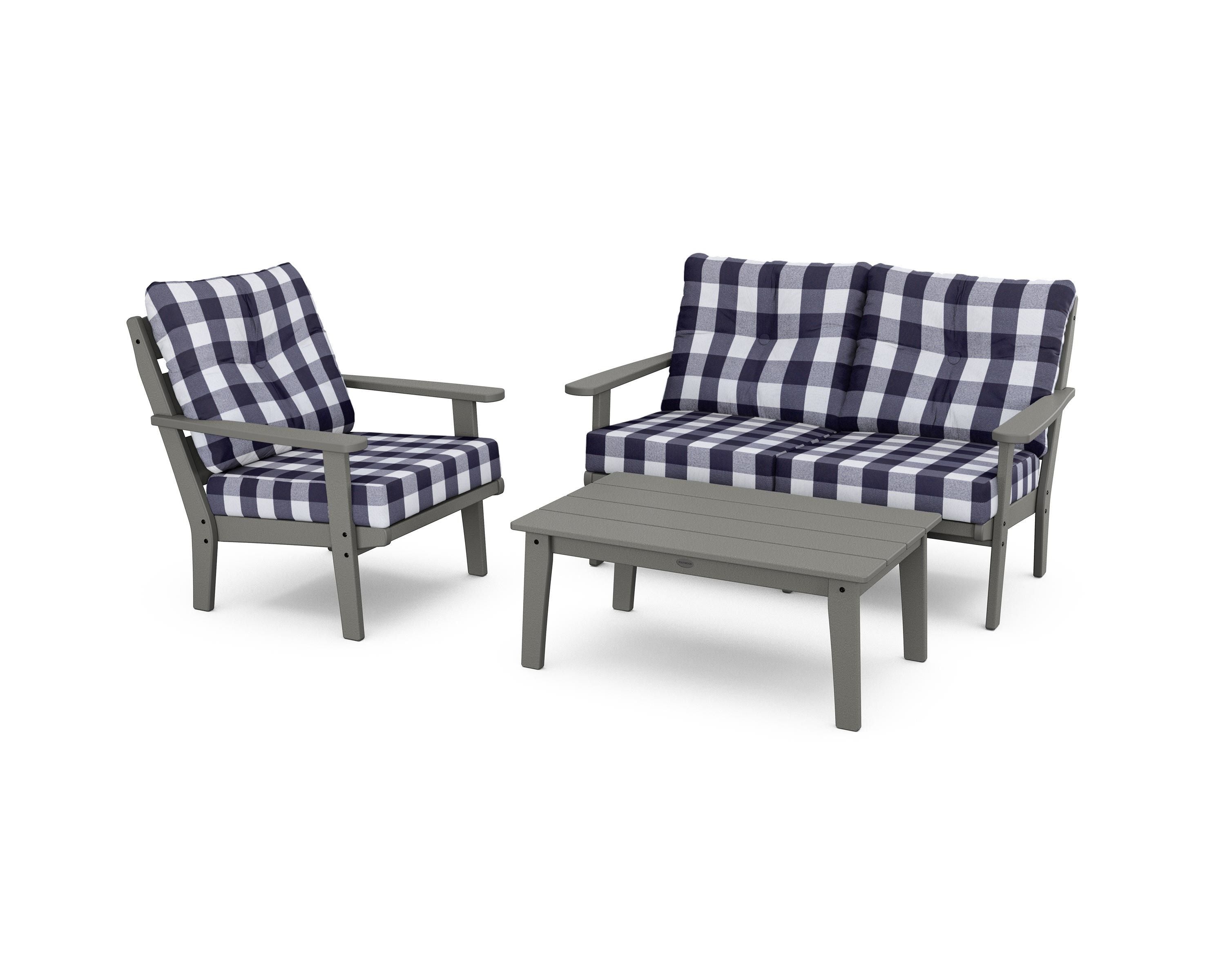 POLYWOOD® Lakeside 3-Piece Deep Seating Set in Slate Grey / Buffalo Plaid Navy