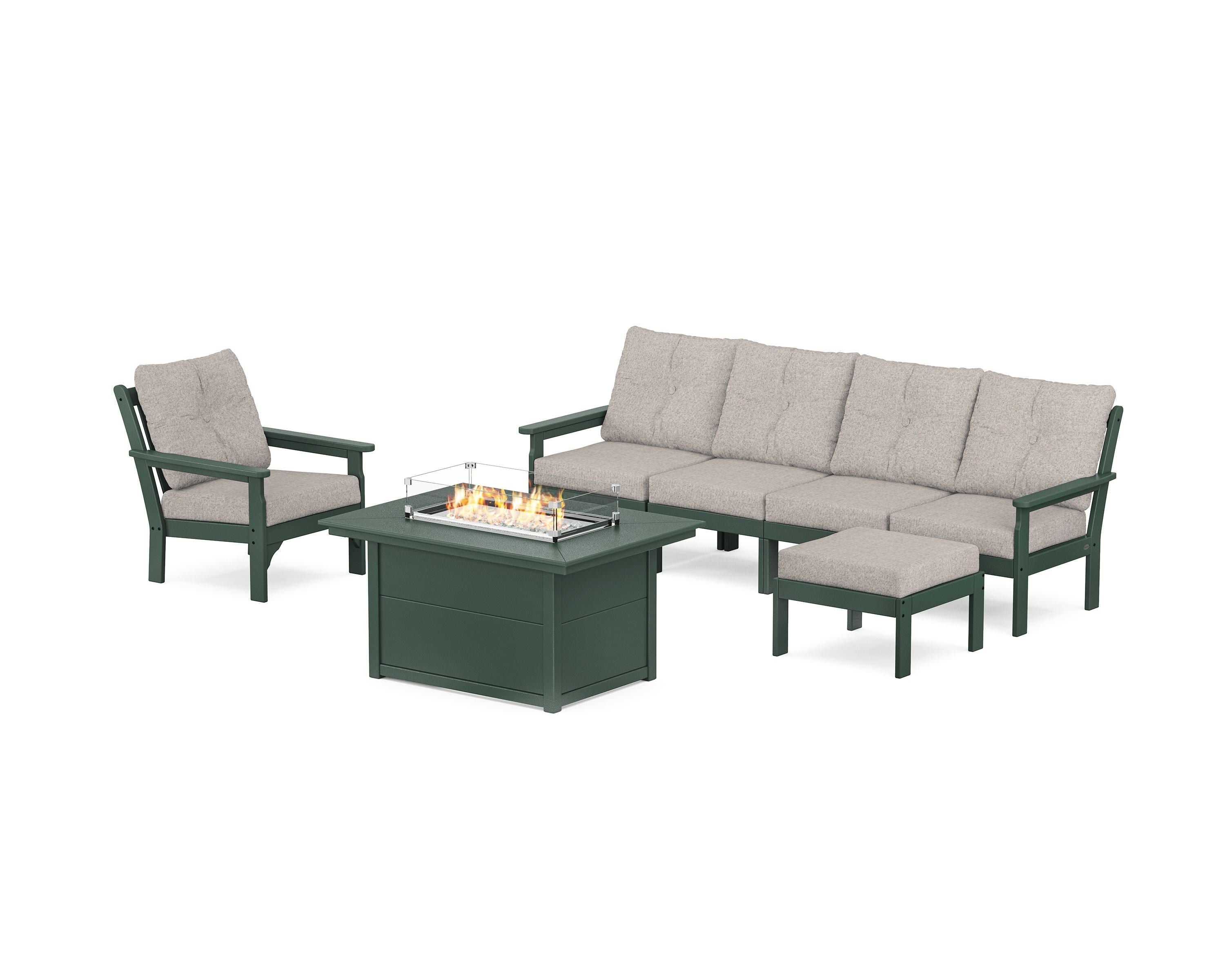 POLYWOOD® Vineyard Sectional Lounge and Fire Pit Set in Green / Weathered Tweed