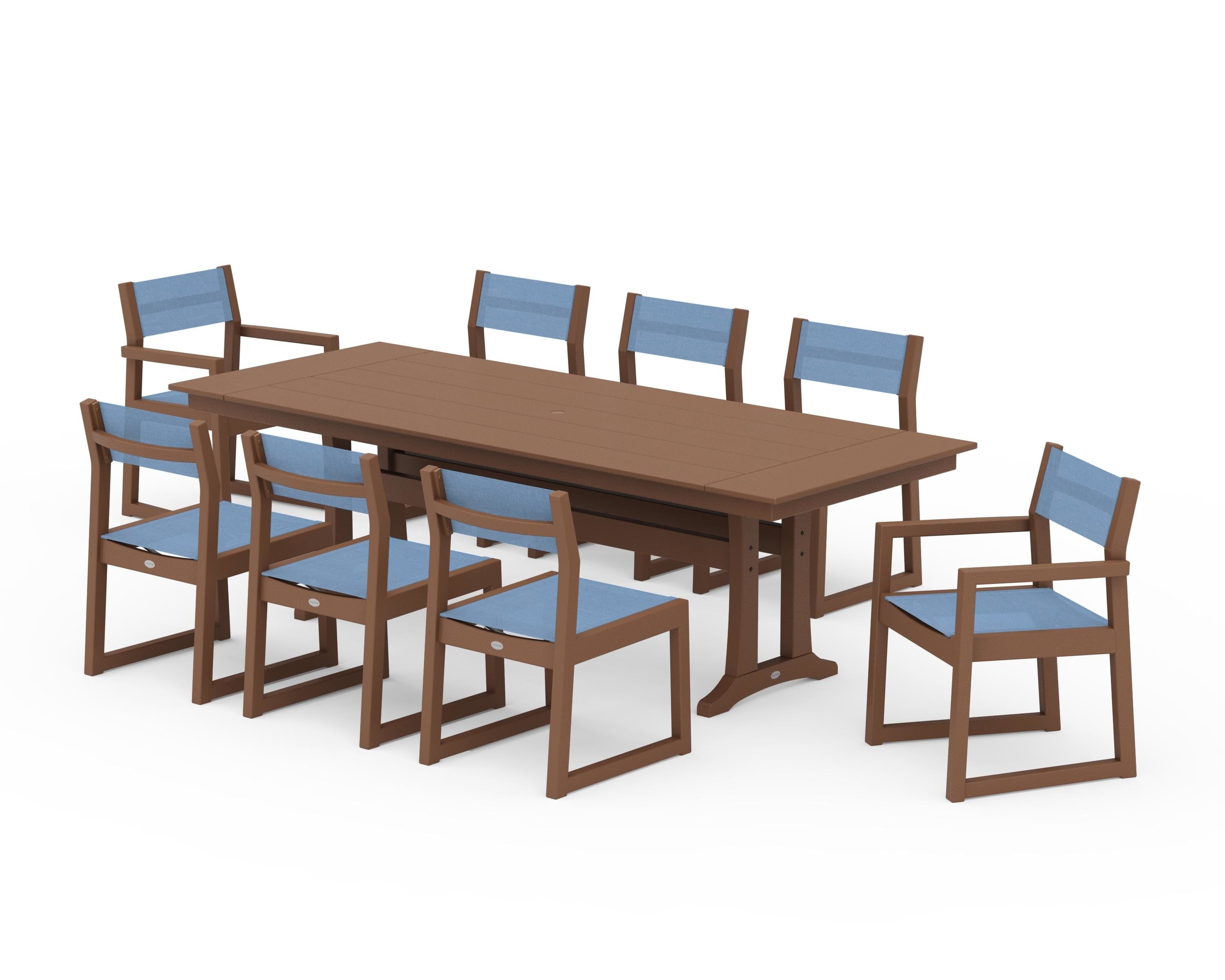 POLYWOOD® EDGE Sling 9-Piece Farmhouse Trestle Dining Set in Teak / Poolside Sling