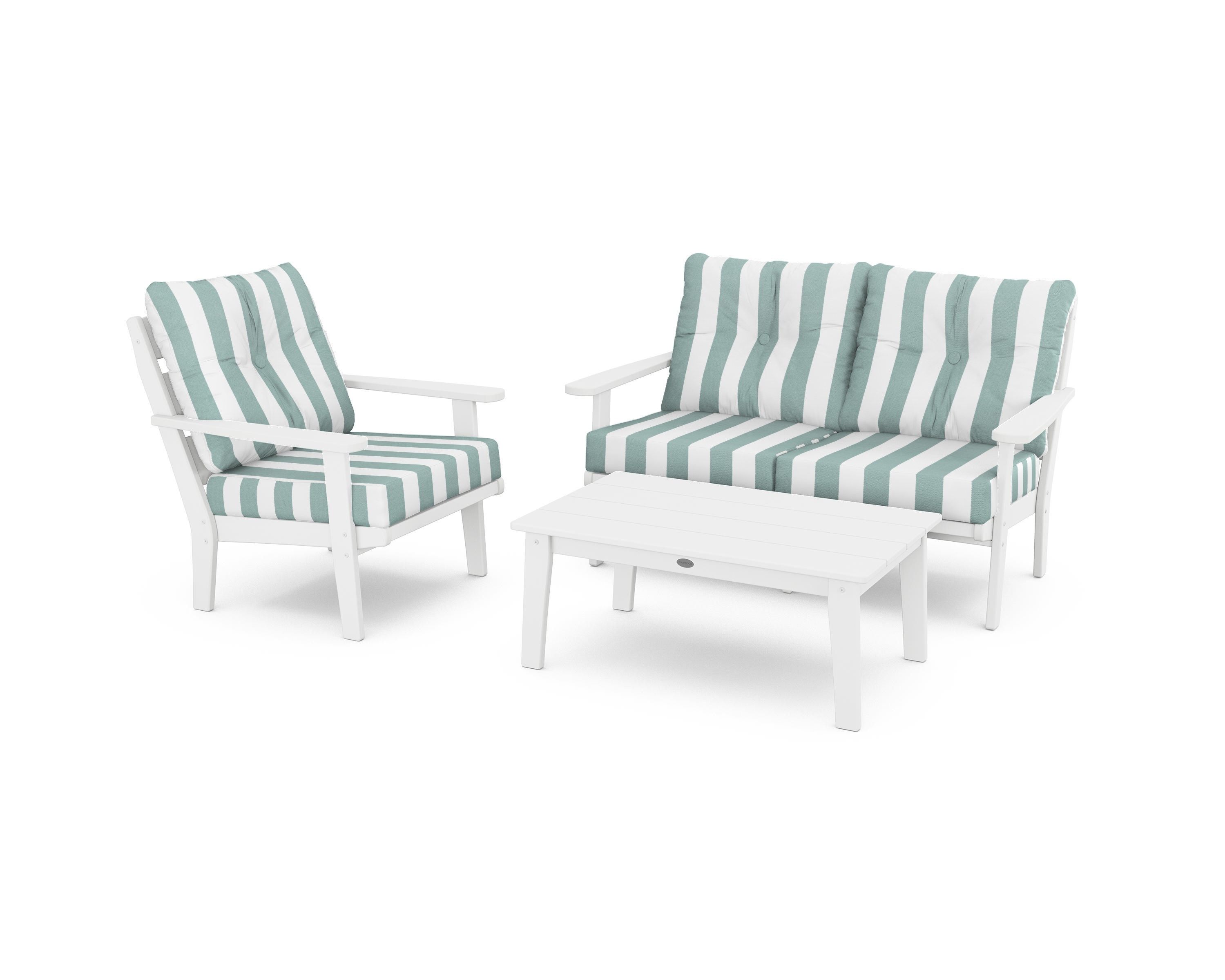 POLYWOOD® Lakeside 3-Piece Deep Seating Set in White / Cabana Stripe Glacier Spa