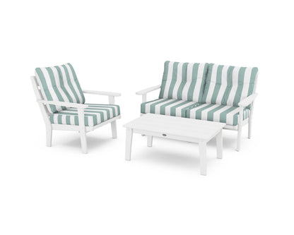 POLYWOOD® Lakeside 3-Piece Deep Seating Set in White / Cabana Stripe Glacier Spa