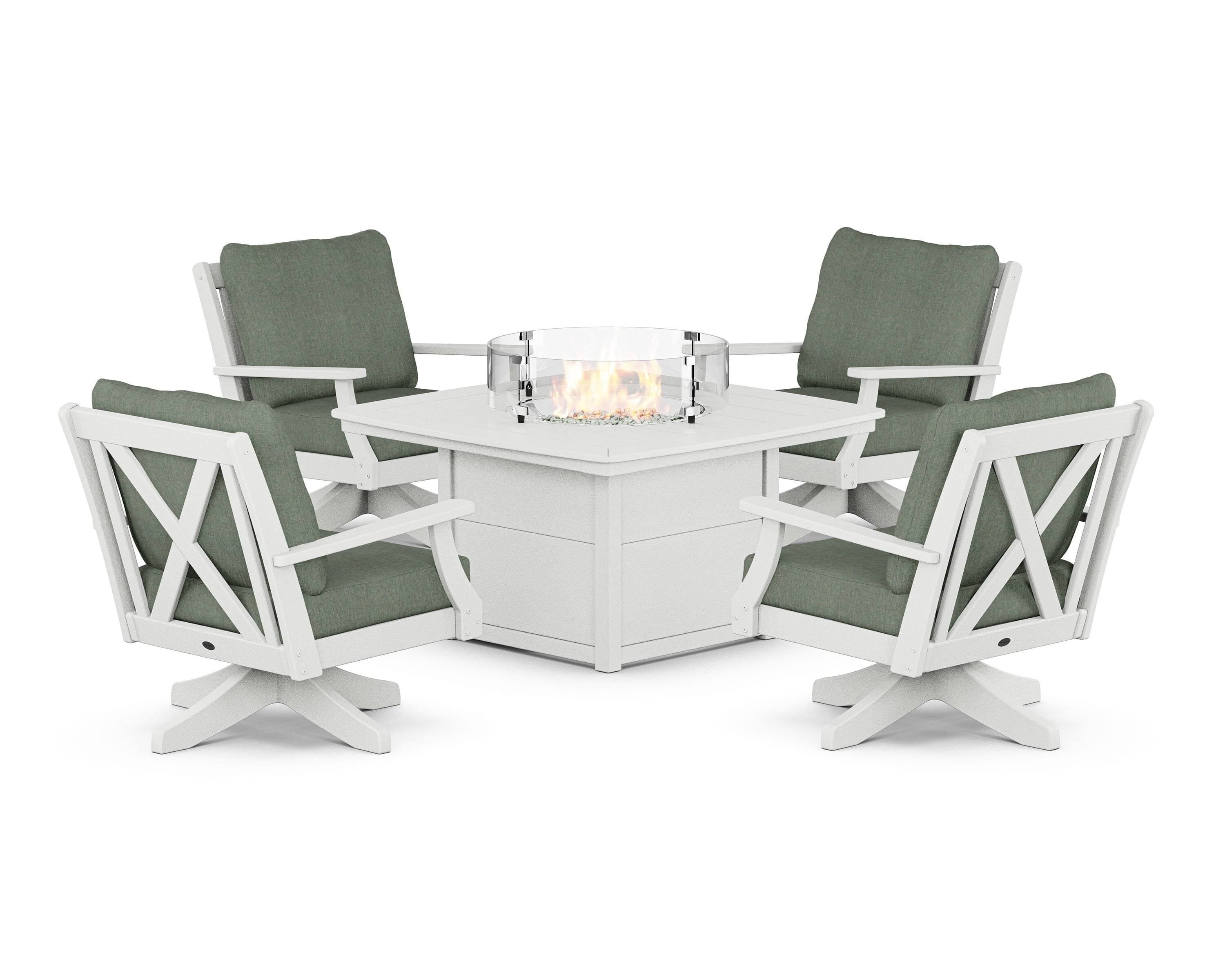 POLYWOOD® Braxton 5-Piece Deep Seating Swivel Conversation Set with Fire Pit Table in Vintage White / Cast Sage