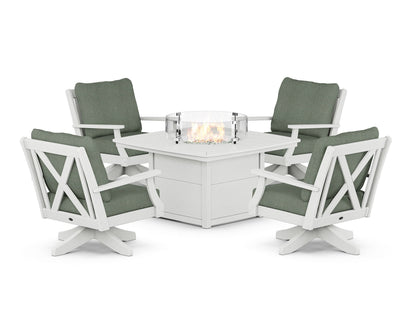 POLYWOOD® Braxton 5-Piece Deep Seating Swivel Conversation Set with Fire Pit Table in Vintage White / Cast Sage