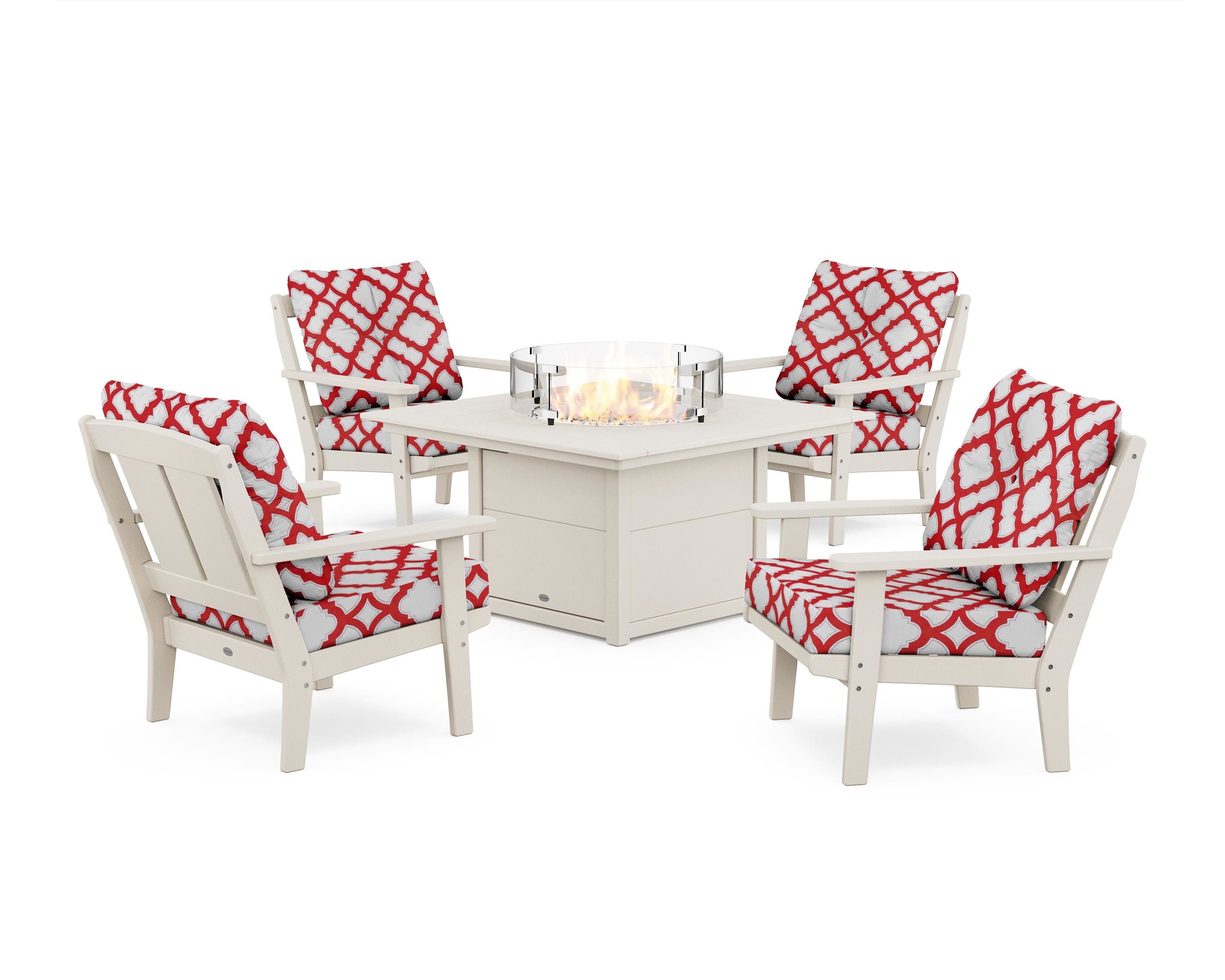 POLYWOOD® Mission 5-Piece Deep Seating Set with Fire Pit Table in Sand / Trellis Crimson