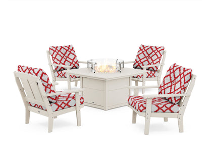 POLYWOOD® Mission 5-Piece Deep Seating Set with Fire Pit Table in Sand / Trellis Crimson