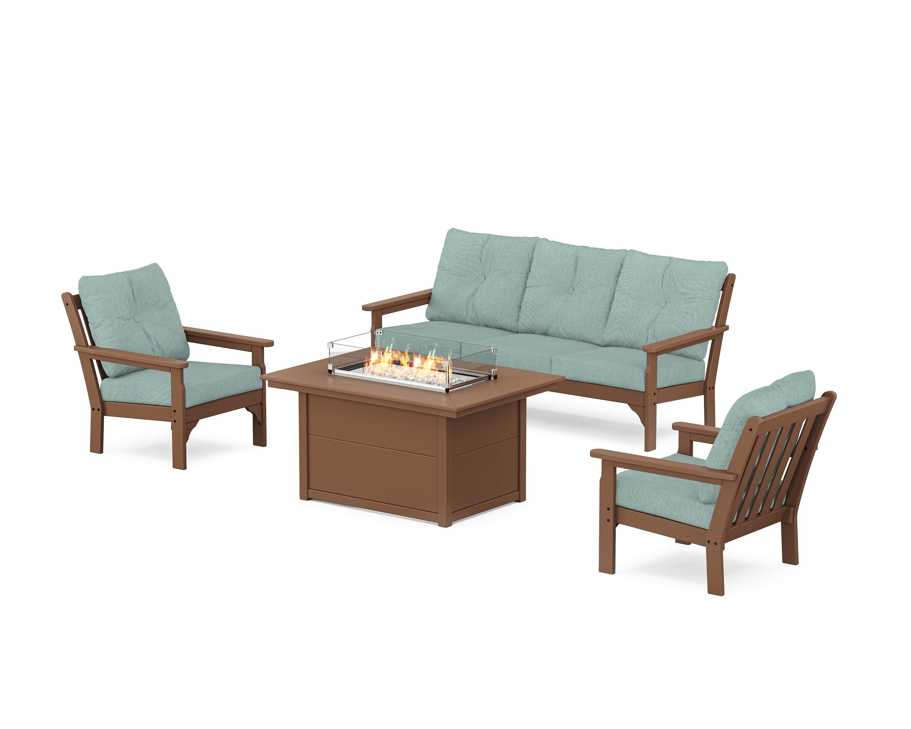 POLYWOOD® Vineyard Deep Seating Fire Pit Table Set in Teak / Glacier Spa