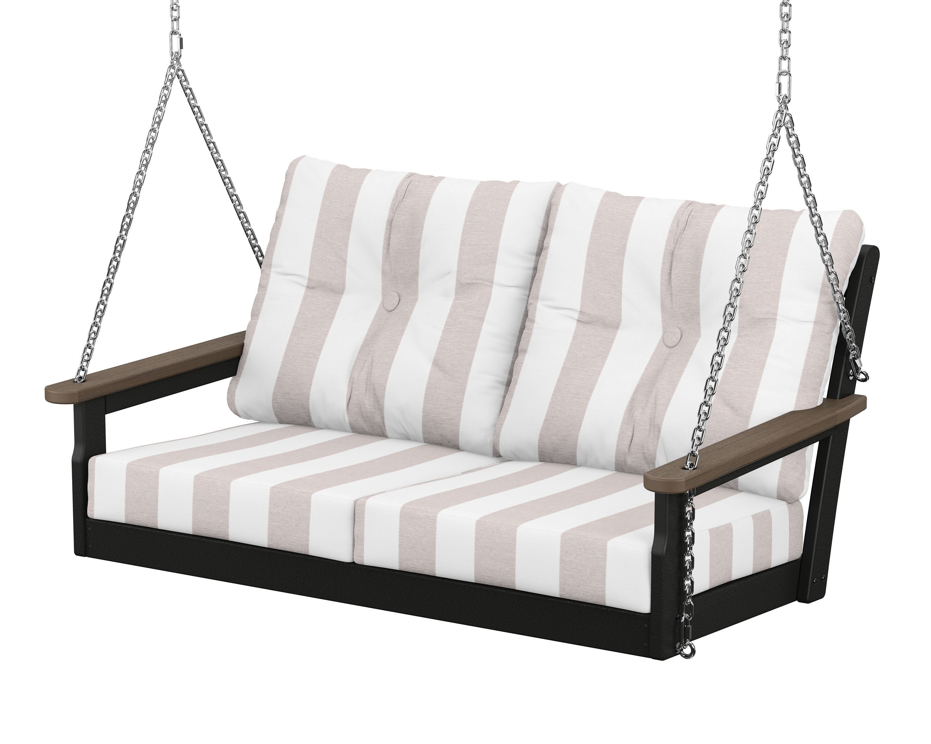 POLYWOOD® Vineyard Deep Seating Swing in Black / Kona / Cabana Stripe Dune Burlap