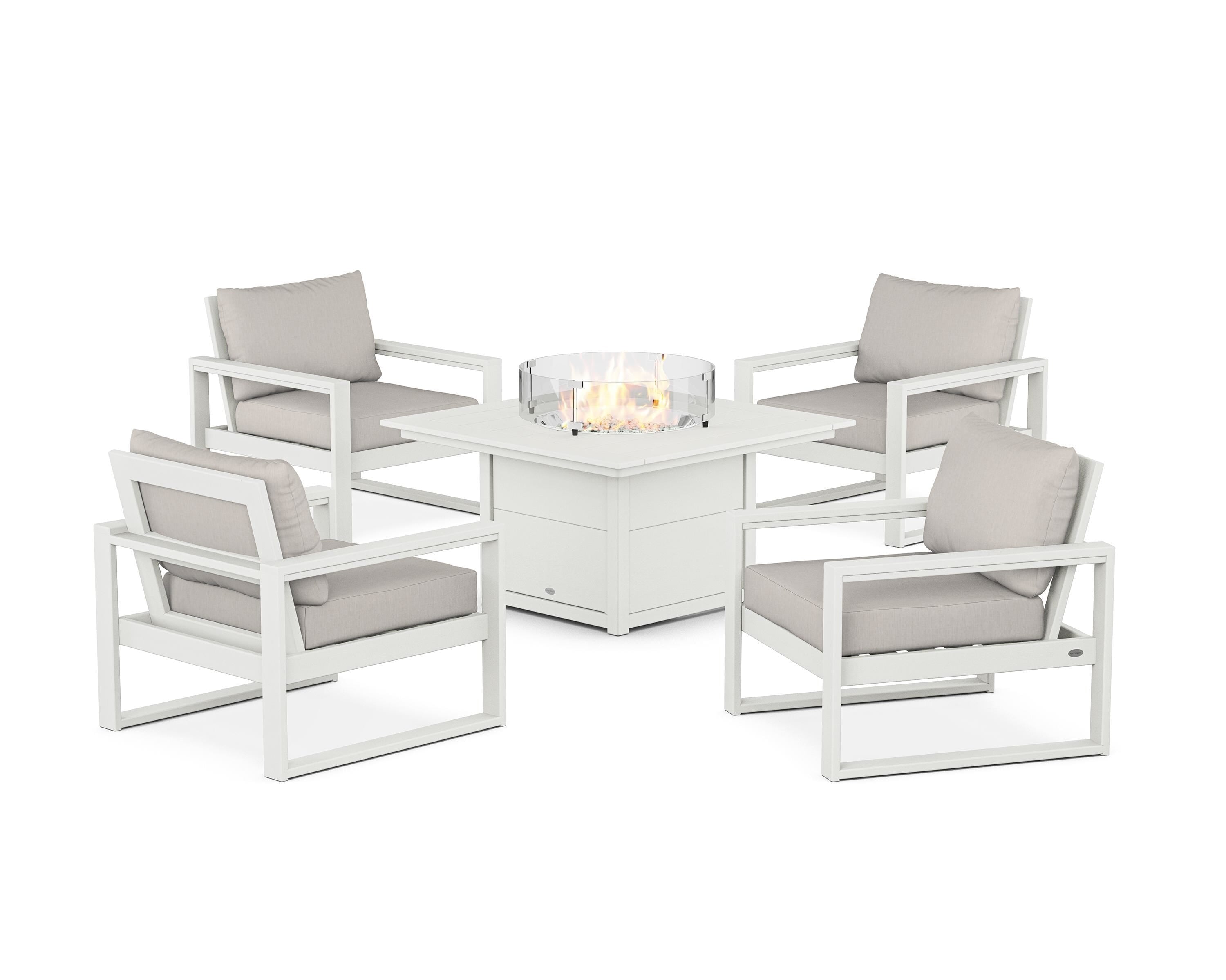 POLYWOOD® EDGE Sectional 5-Piece Deep Seating Set with Fire Pit Table in Vintage White / Cast Ash