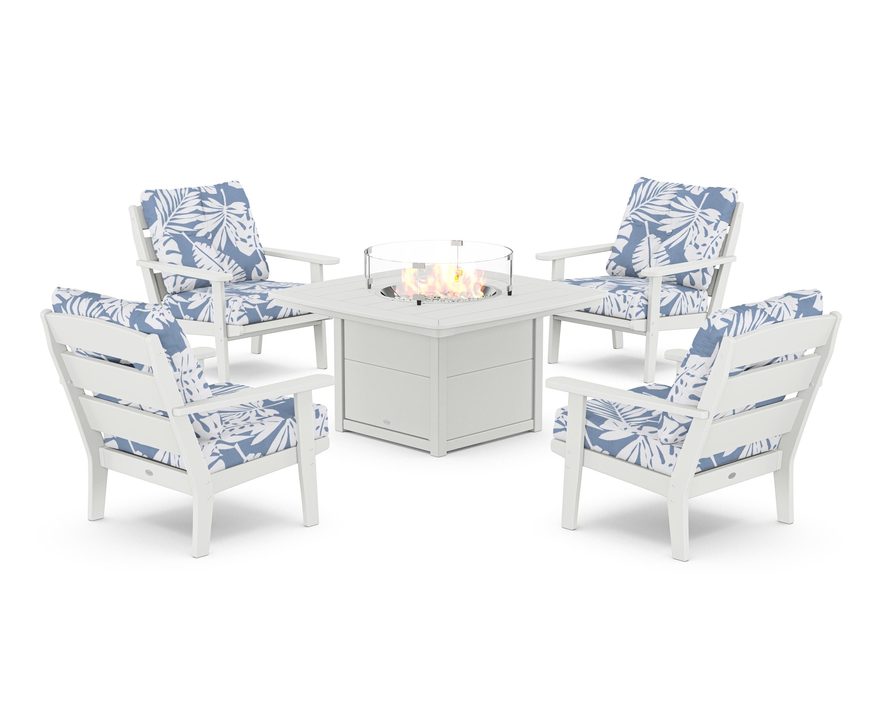 POLYWOOD® Lakeside 5-Piece Deep Seating Set with Nautical Fire Pit Table in White / Leaf Sky Blue