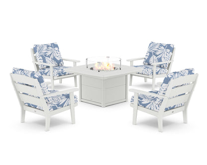 POLYWOOD® Lakeside 5-Piece Deep Seating Set with Nautical Fire Pit Table in White / Leaf Sky Blue