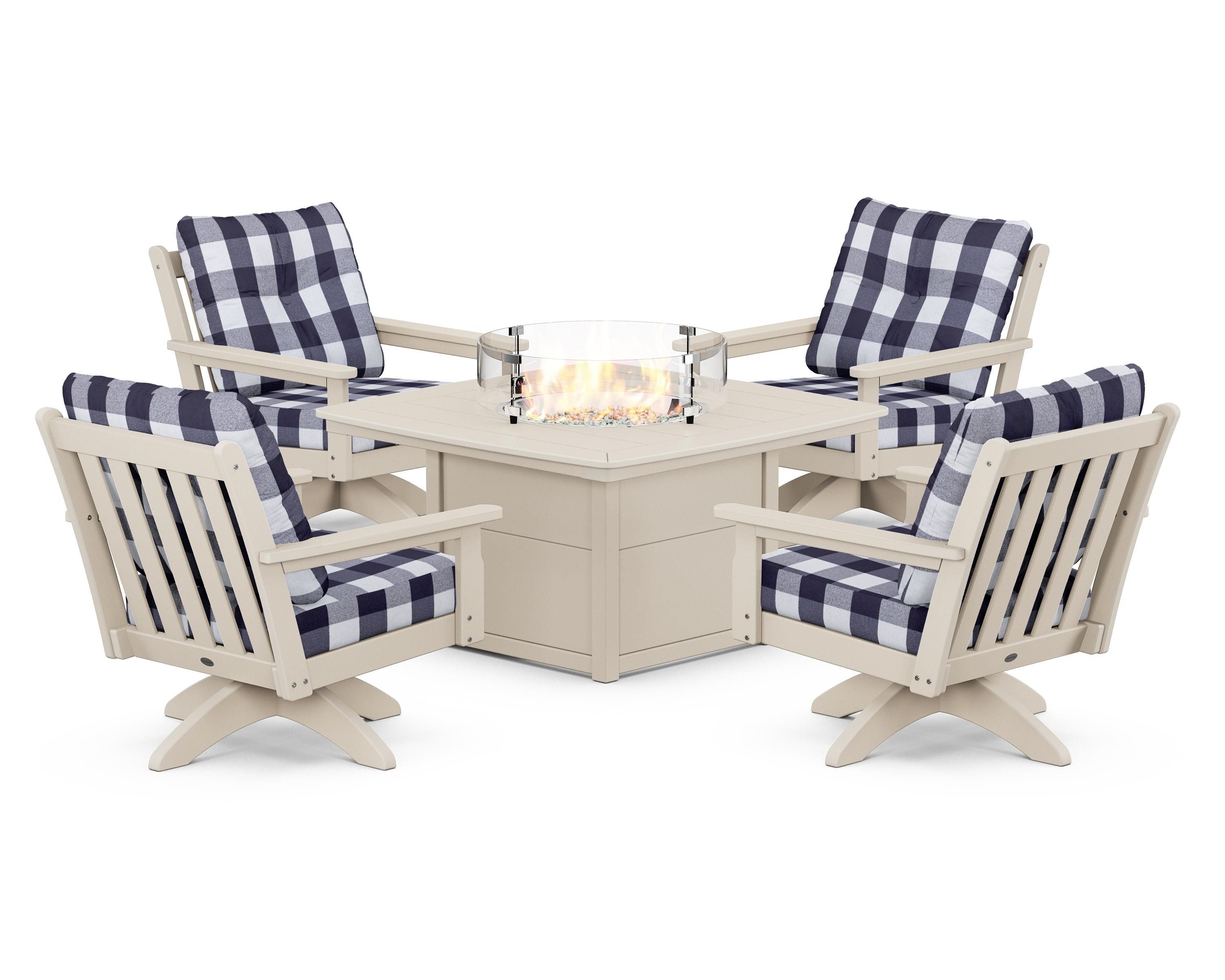 POLYWOOD® Vineyard 5-Piece Deep Seating Swivel Conversation Set with Fire Pit Table in Sand / Buffalo Plaid Navy