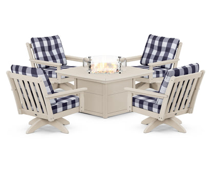 POLYWOOD® Vineyard 5-Piece Deep Seating Swivel Conversation Set with Fire Pit Table in Sand / Buffalo Plaid Navy