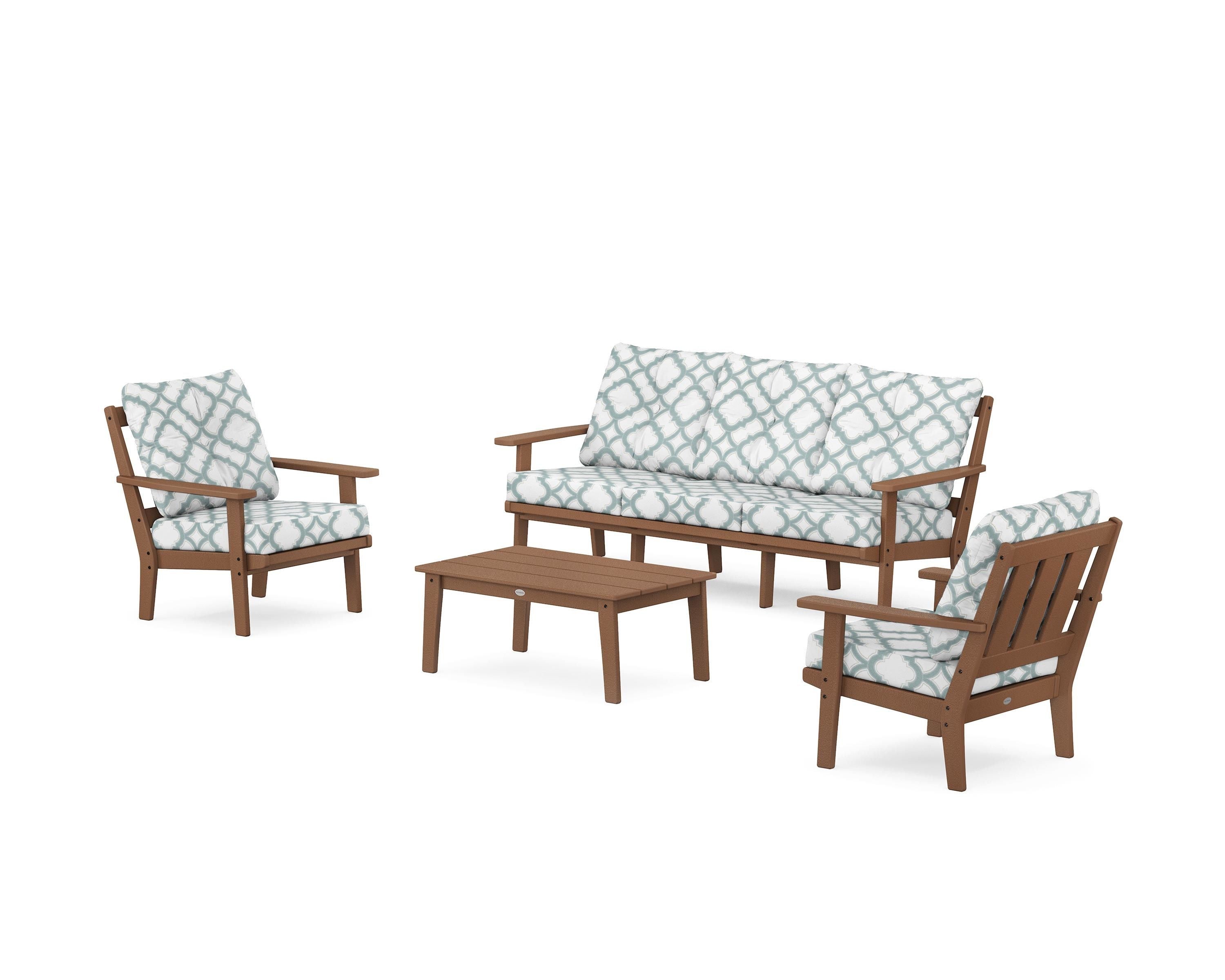 POLYWOOD® Oxford 4-Piece Deep Seating Set with Sofa in Teak / Trellis Glacier Spa