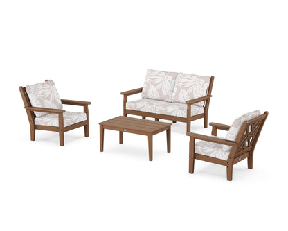 POLYWOOD® Chippendale 4-Piece Deep Seating Set with Loveseat in Teak / Leaf Dune Burlap