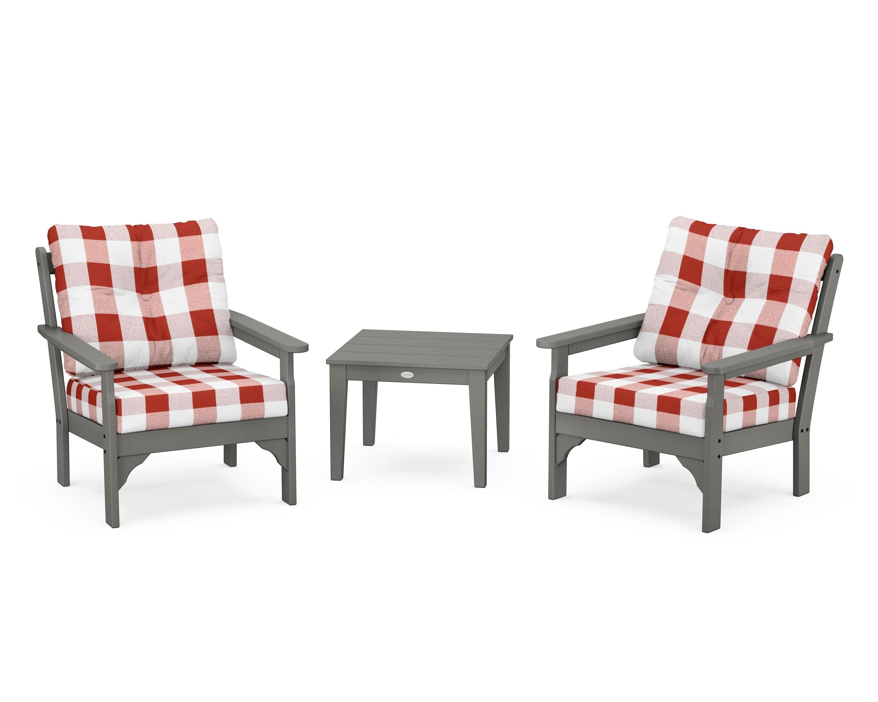 POLYWOOD® Vineyard 3-Piece Deep Seating Set in Slate Grey / Buffalo Plaid Crimson