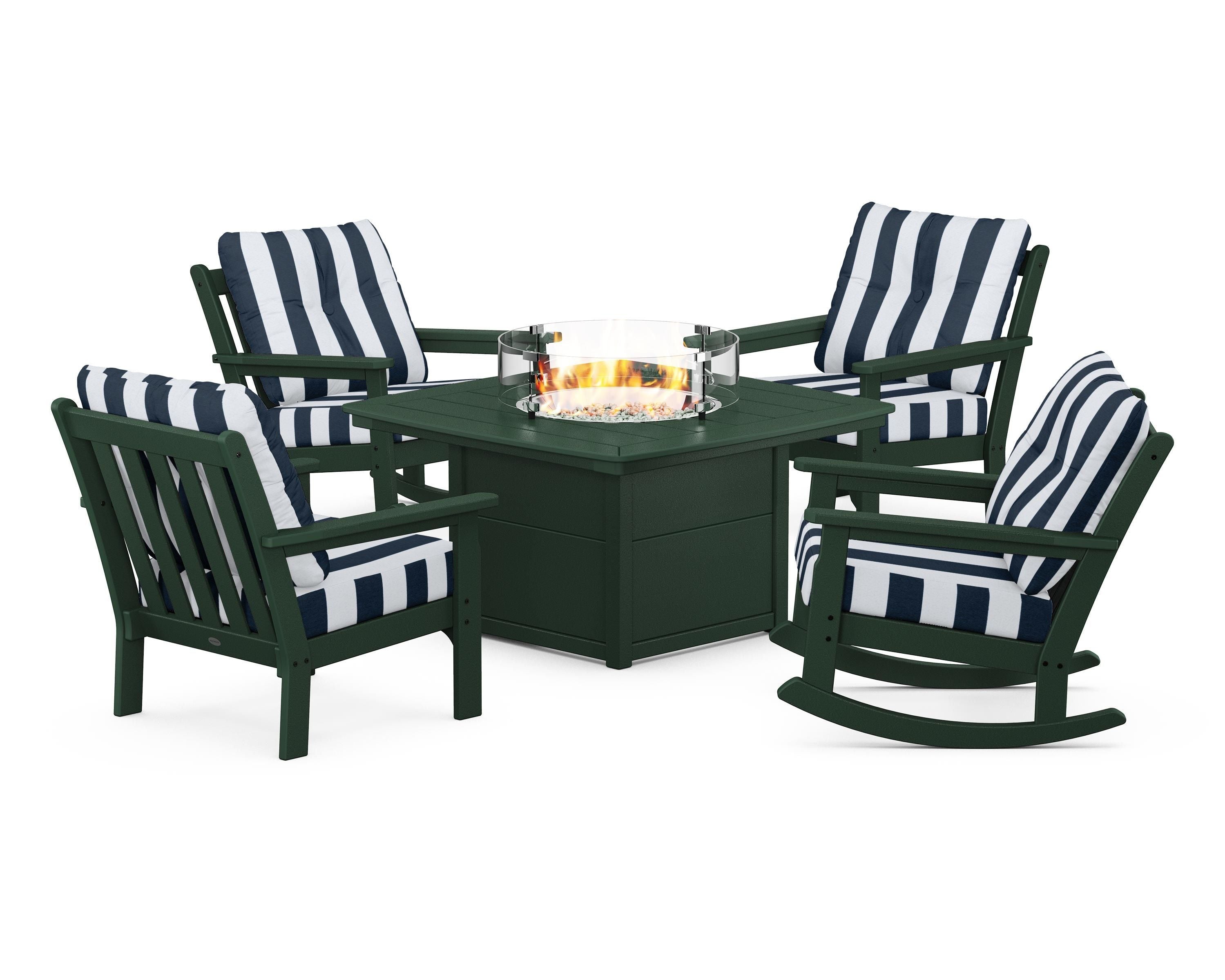 POLYWOOD® Vineyard 5-Piece Deep Seating Rocking Chair Conversation Set with Fire Pit Table in Green / Cabana Stripe Marine Indigo
