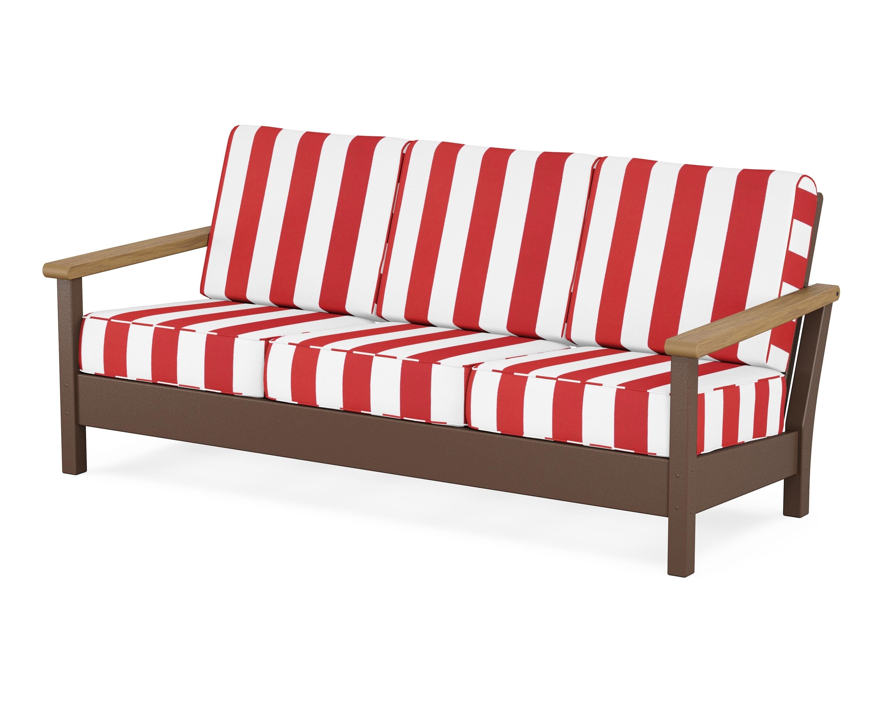 POLYWOOD® Harbour Deep Seating Sofa in Mahogany / Natural / Cabana Stripe Crimson