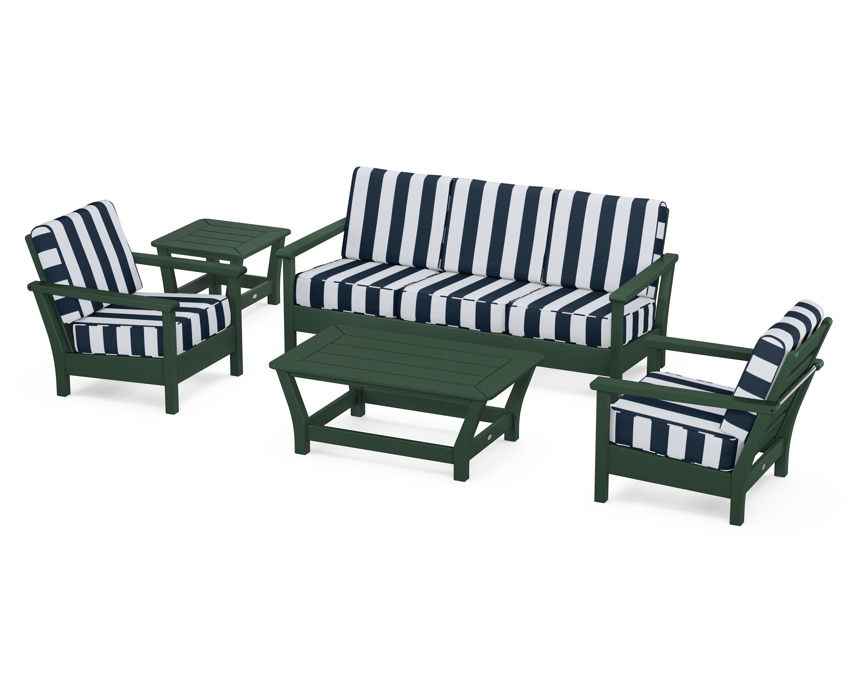 POLYWOOD® Harbour 5-Piece Deep Seating Set in Green / Cabana Stripe Marine Indigo
