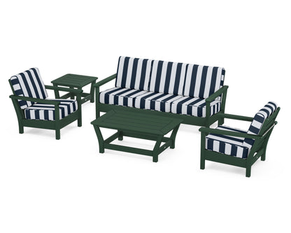 POLYWOOD® Harbour 5-Piece Deep Seating Set in Green / Cabana Stripe Marine Indigo