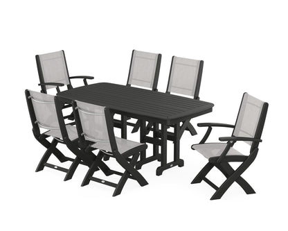 POLYWOOD® Coastal Folding Chair 7-Piece Dining Set in Black / Parchment Sling