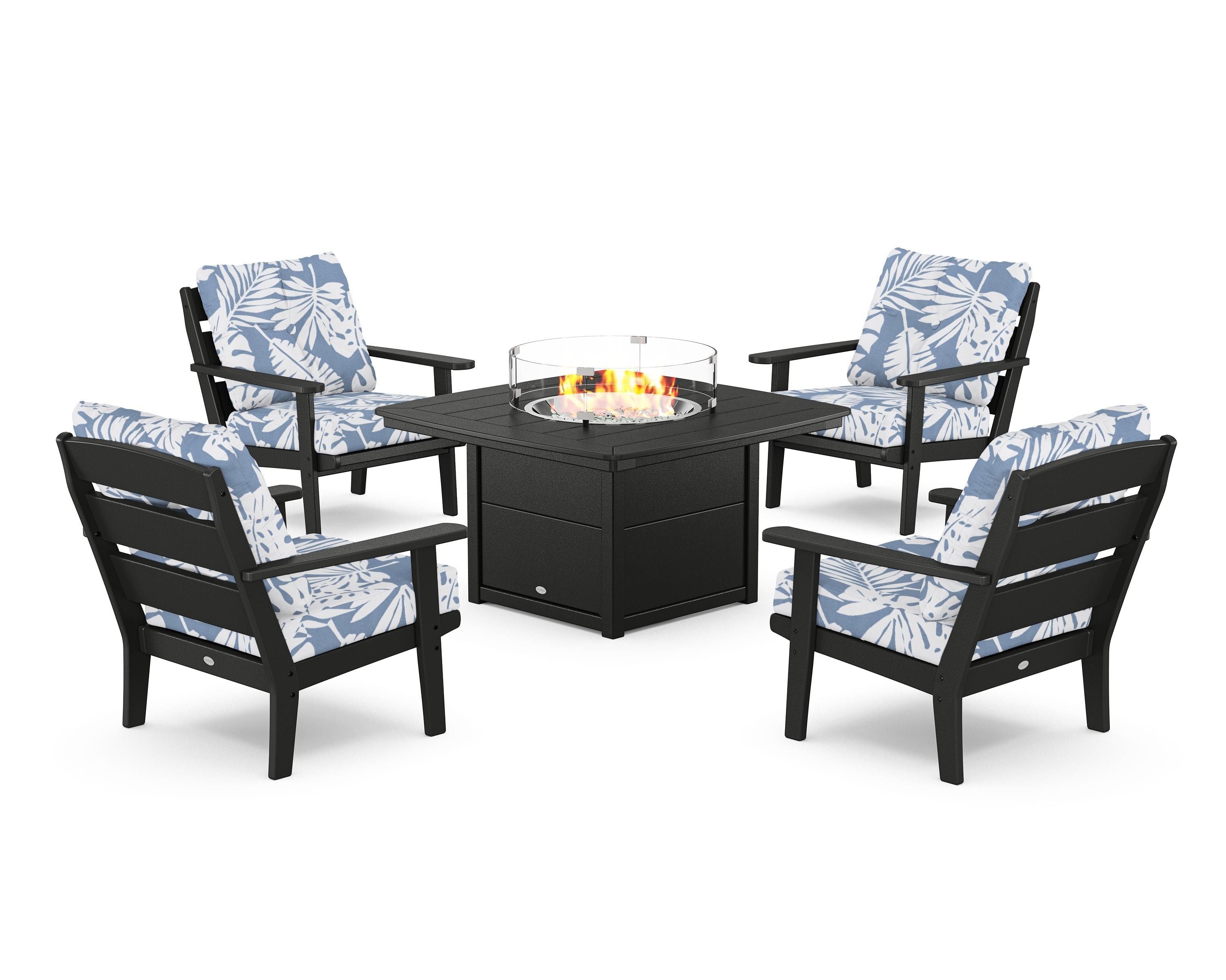 POLYWOOD® Lakeside 5-Piece Deep Seating Set with Nautical Fire Pit Table in Black / Leaf Sky Blue