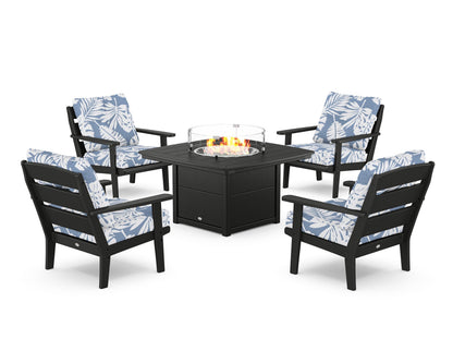 POLYWOOD® Lakeside 5-Piece Deep Seating Set with Nautical Fire Pit Table in Black / Leaf Sky Blue