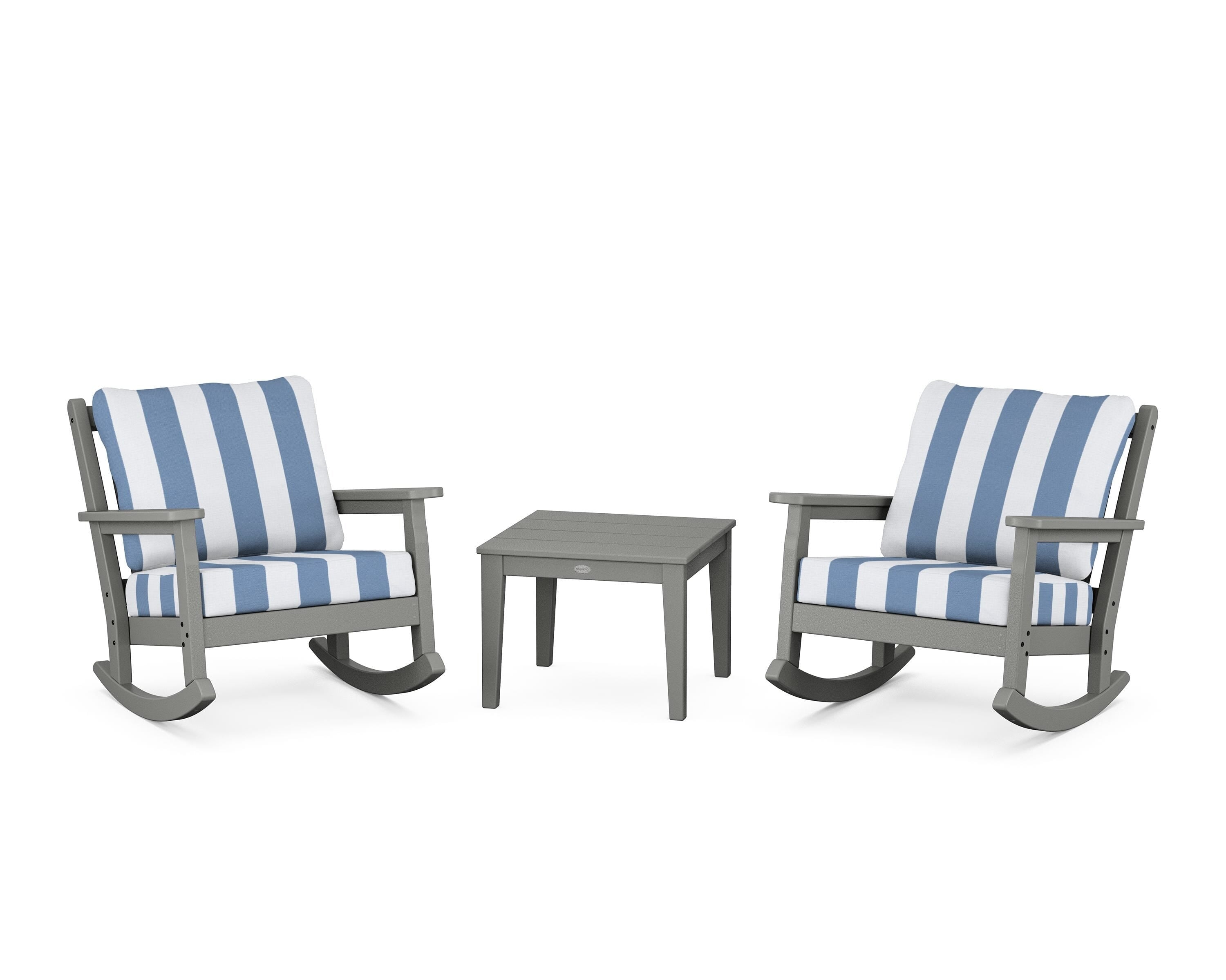 POLYWOOD® Chippendale 3-Piece Deep Seating Rocker Set in Slate Grey / Cabana Stripe Sky Blue