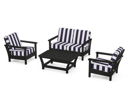 POLYWOOD® Harbour 4-Piece Deep Seating Set in Black / Cabana Stripe Navy