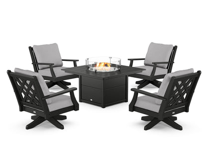 Country Living Wovendale 5-Piece Deep Seating Swivel Conversation Set with Fire Pit Table in Black / Granite
