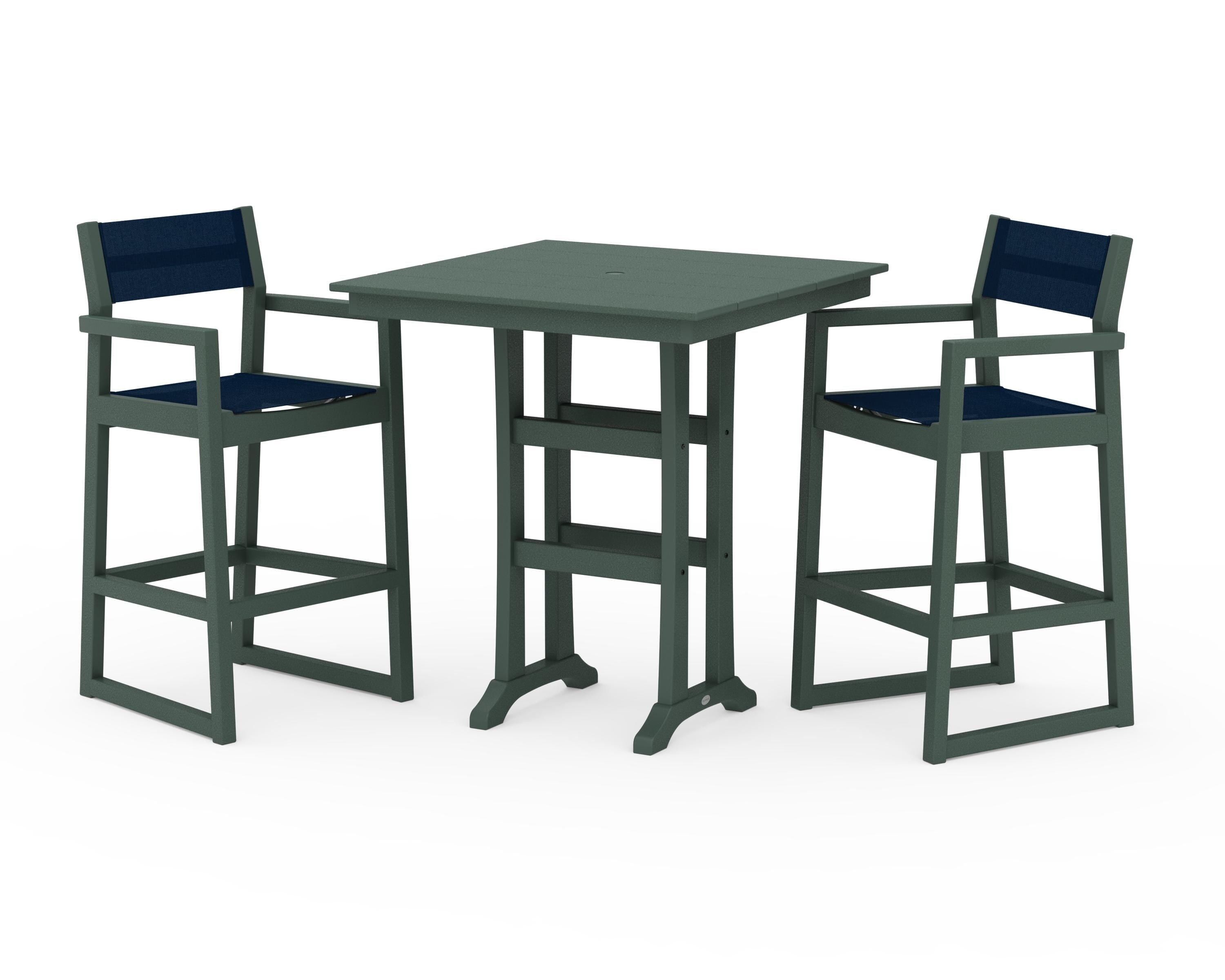 POLYWOOD® EDGE Sling Arm Chair 3-Piece Farmhouse Bar Set with Trestle Legs in Green / Navy Blue Sling