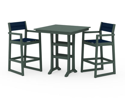 POLYWOOD® EDGE Sling Arm Chair 3-Piece Farmhouse Bar Set with Trestle Legs in Green / Navy Blue Sling