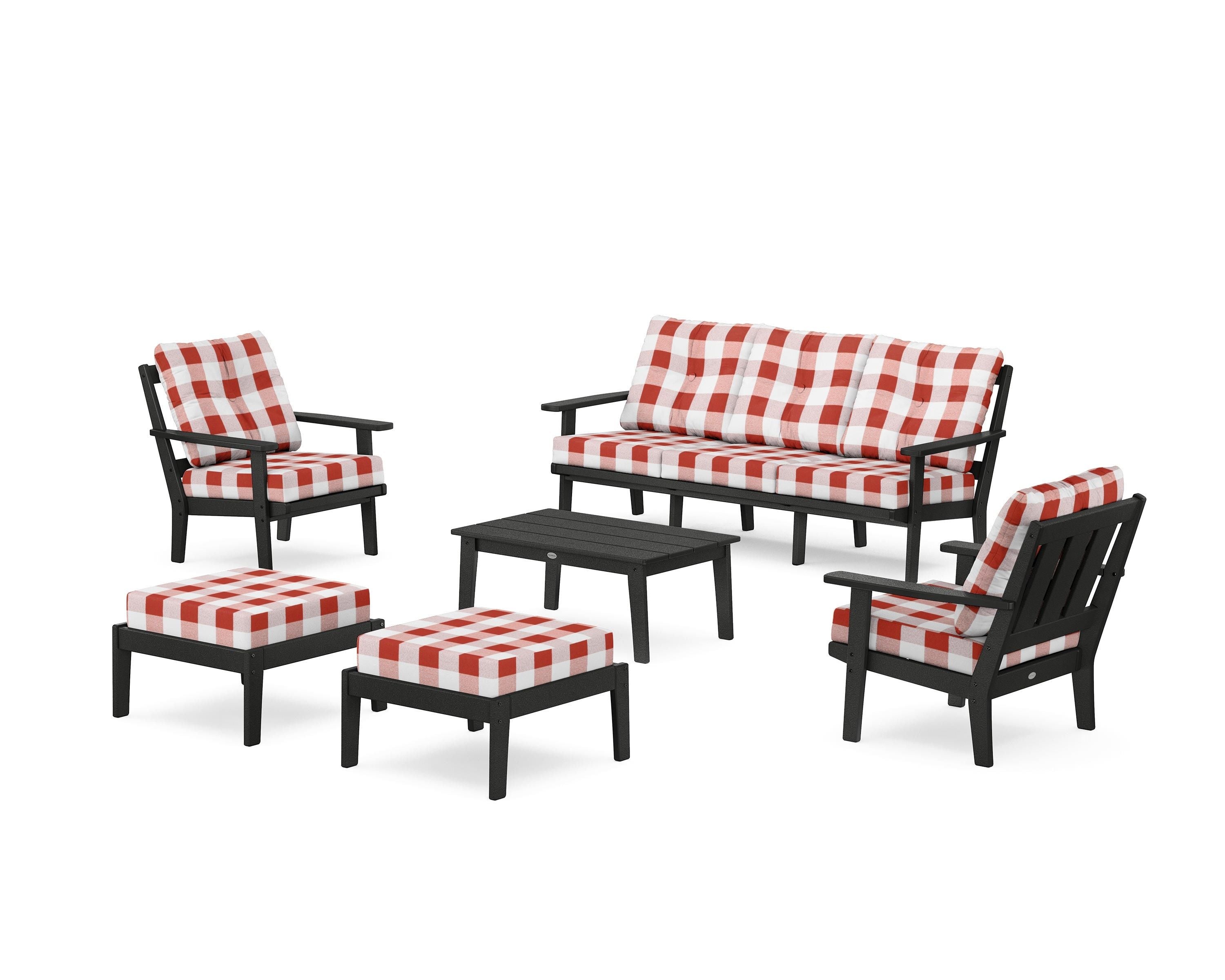 POLYWOOD® Oxford 6-Piece Lounge Sofa Set in Black / Buffalo Plaid Crimson