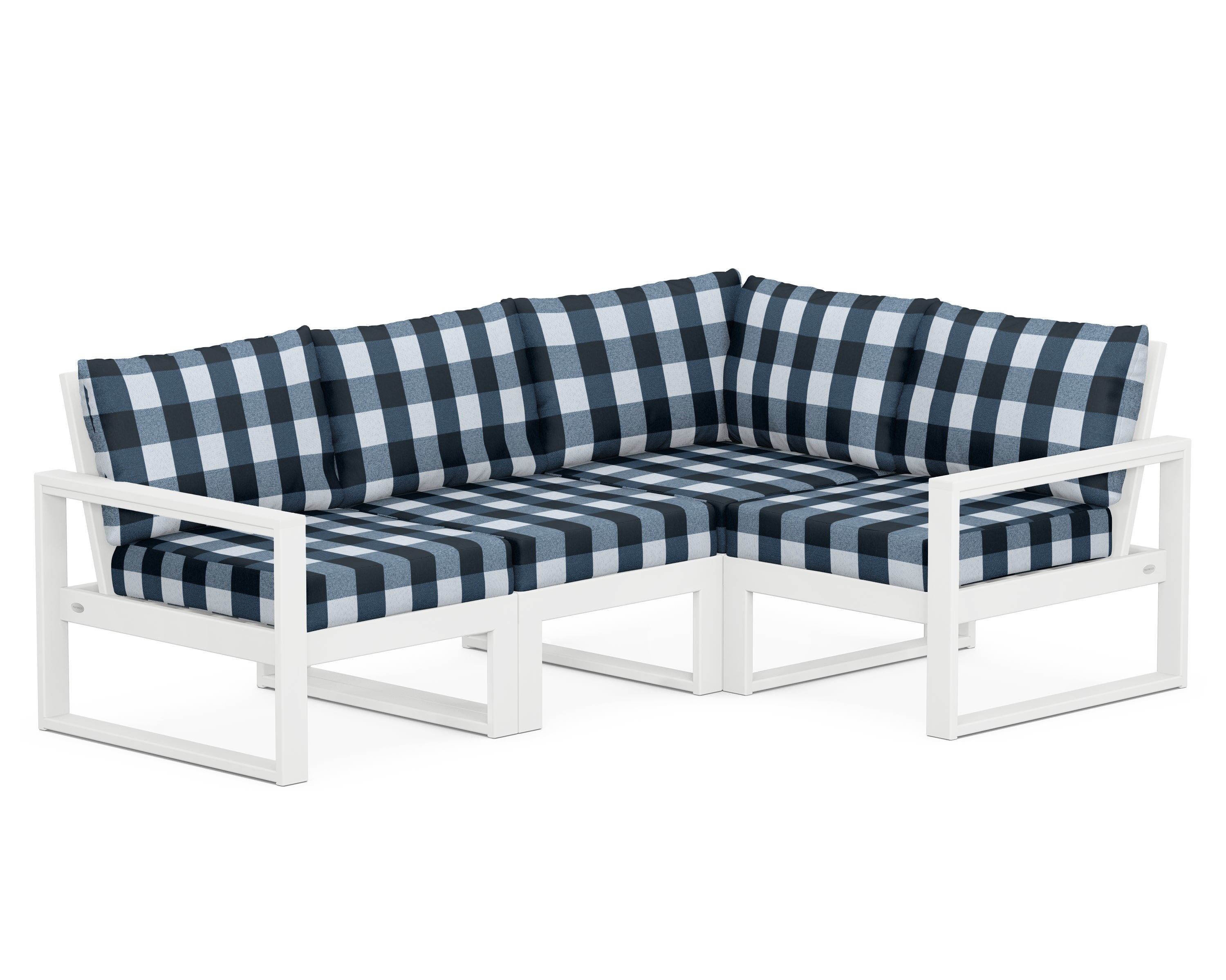 POLYWOOD® EDGE 4-Piece Modular Deep Seating Set in White / Buffalo Plaid Marine Indigo