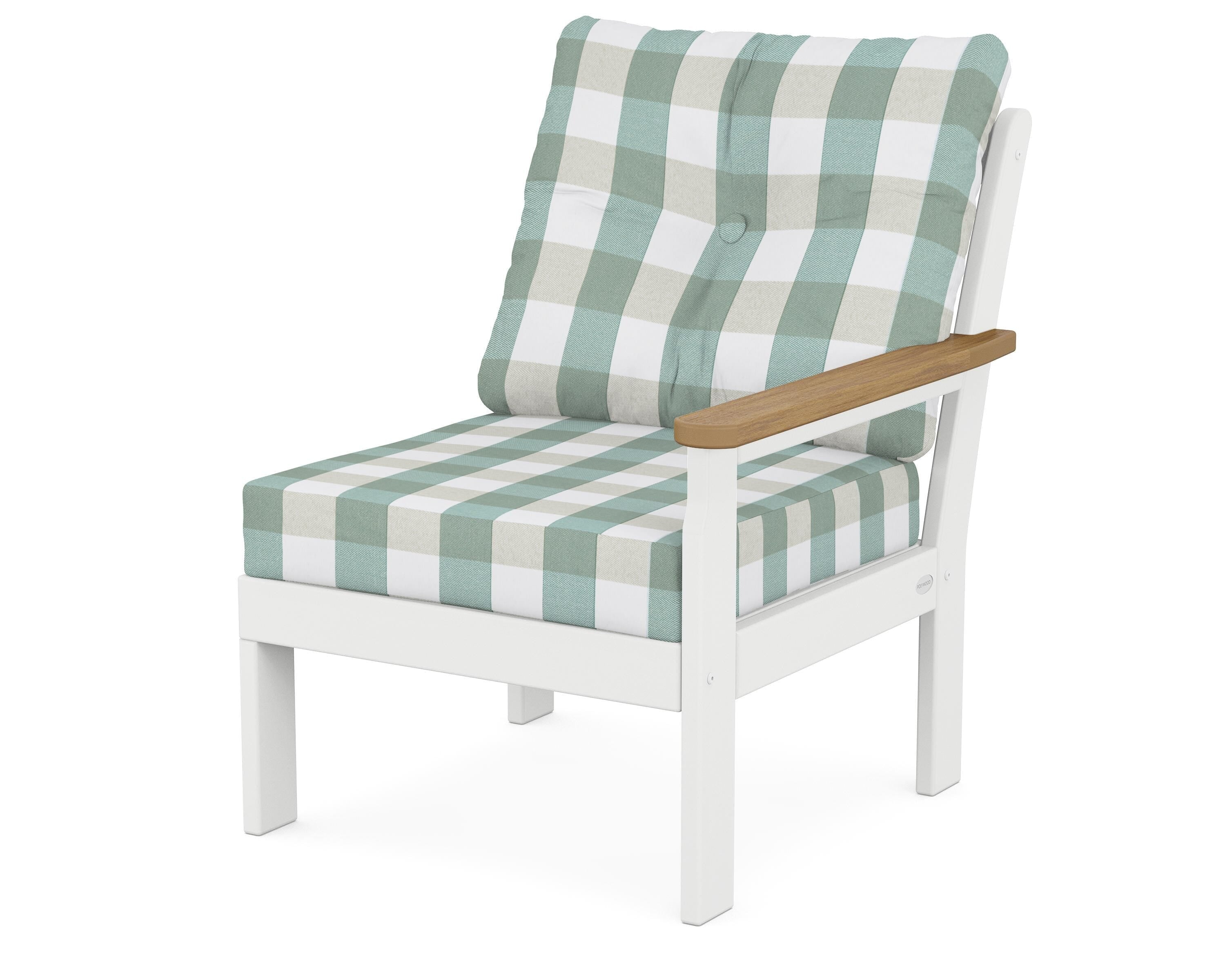 POLYWOOD® Vineyard Modular Right Arm Chair in White / Natural / Buffalo Plaid Glacier Spa