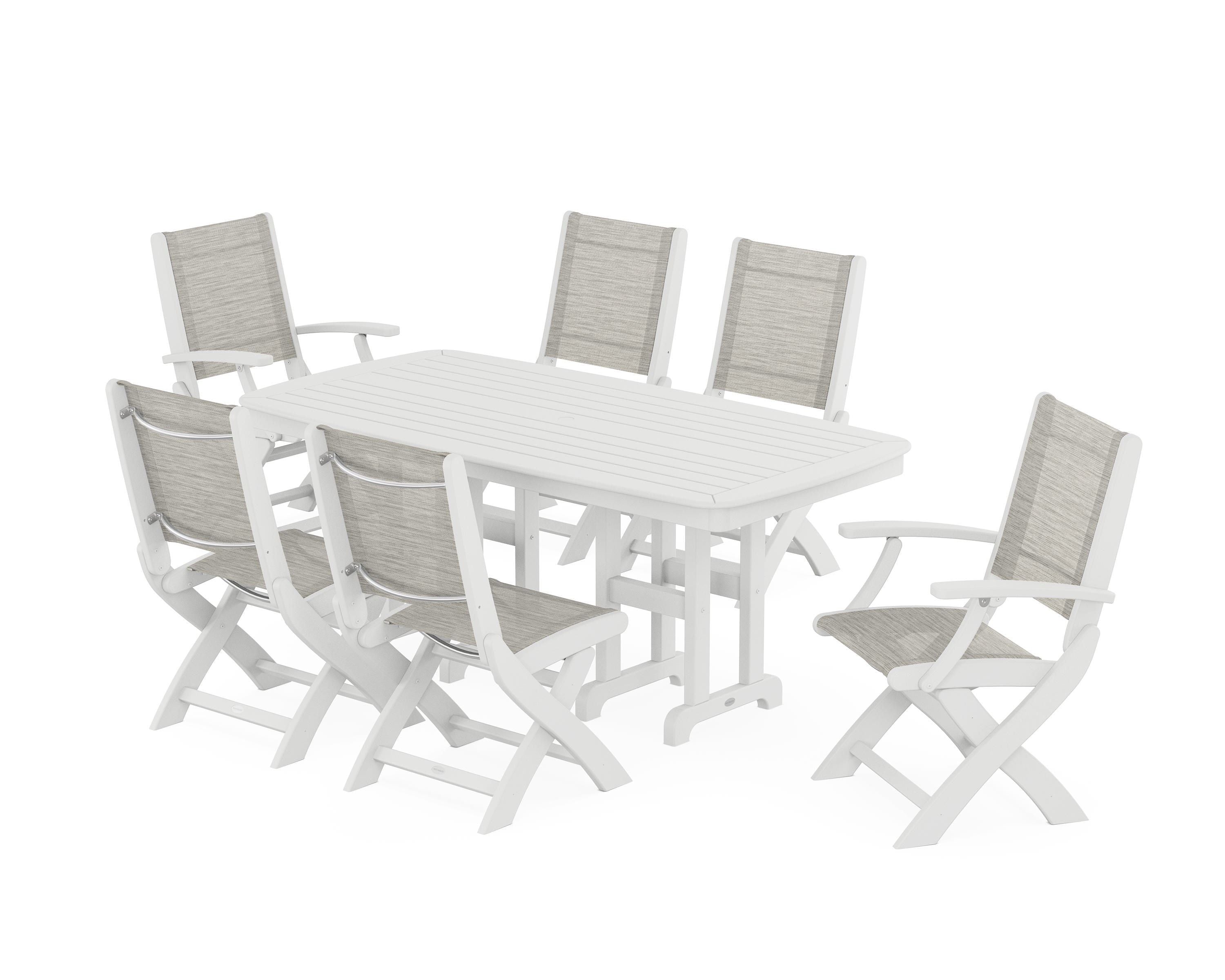 POLYWOOD® Coastal Folding Chair 7-Piece Dining Set in White / Birch Sling