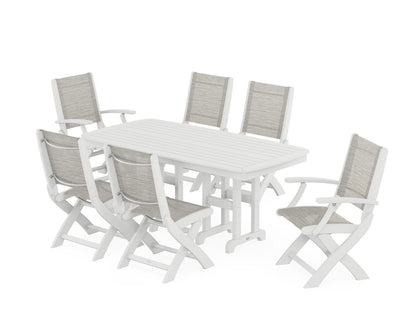 POLYWOOD® Coastal Folding Chair 7-Piece Dining Set in White / Birch Sling