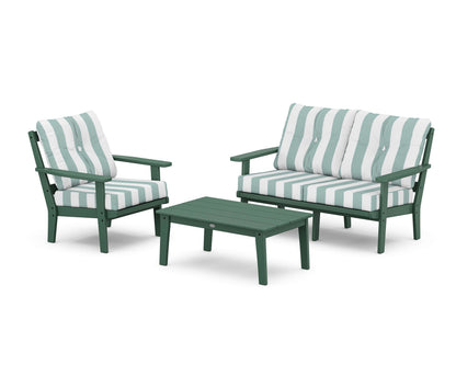 POLYWOOD® Oxford 3-Piece Deep Seating Set with Loveseat in Green / Cabana Stripe Glacier Spa
