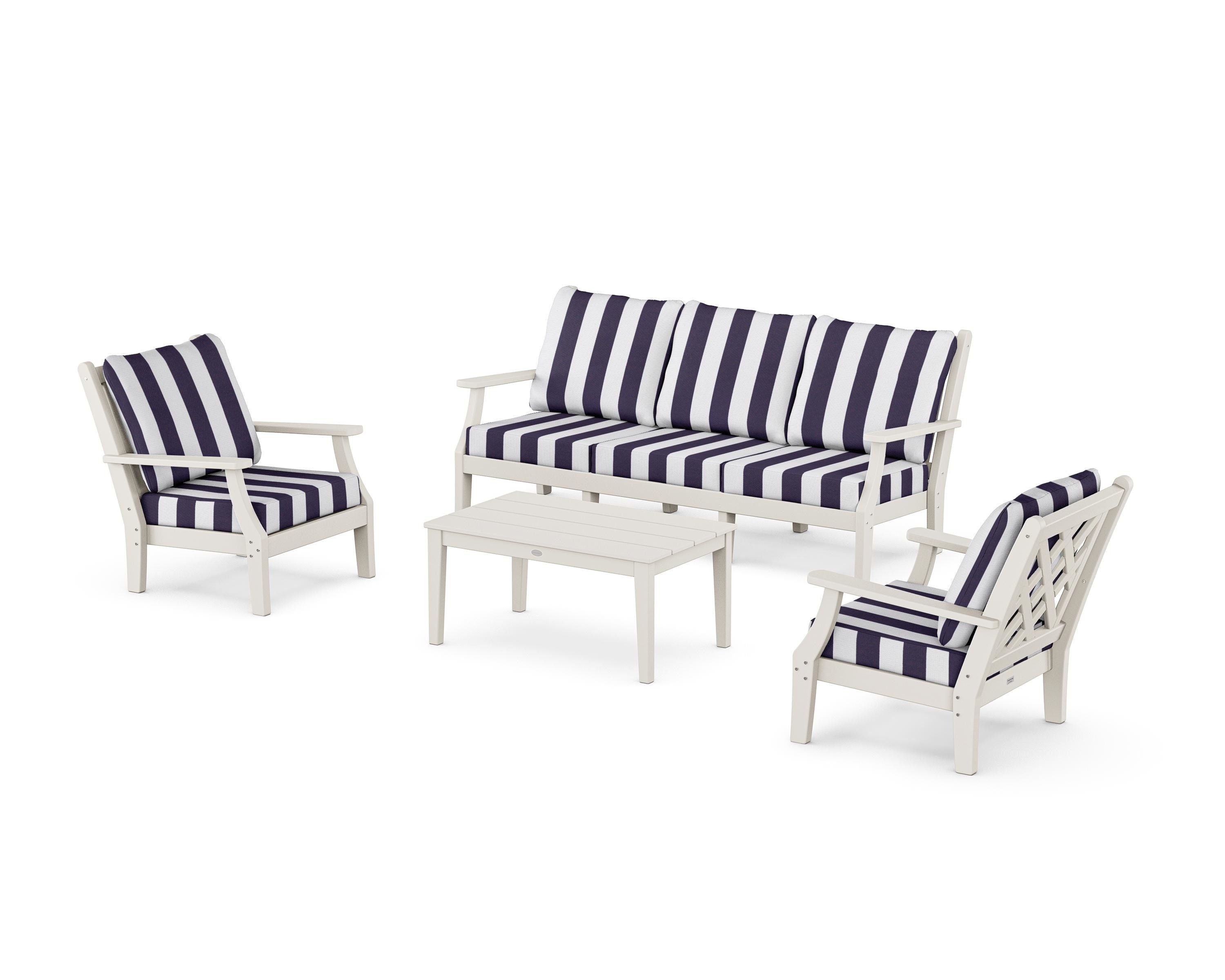 Country Living Wovendale 4-Piece Deep Seating Set with Sofa in Sand / Cabana Stripe Navy