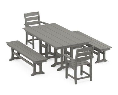 POLYWOOD® Lakeside 5-Piece Farmhouse Dining Set with Benches in Slate Grey