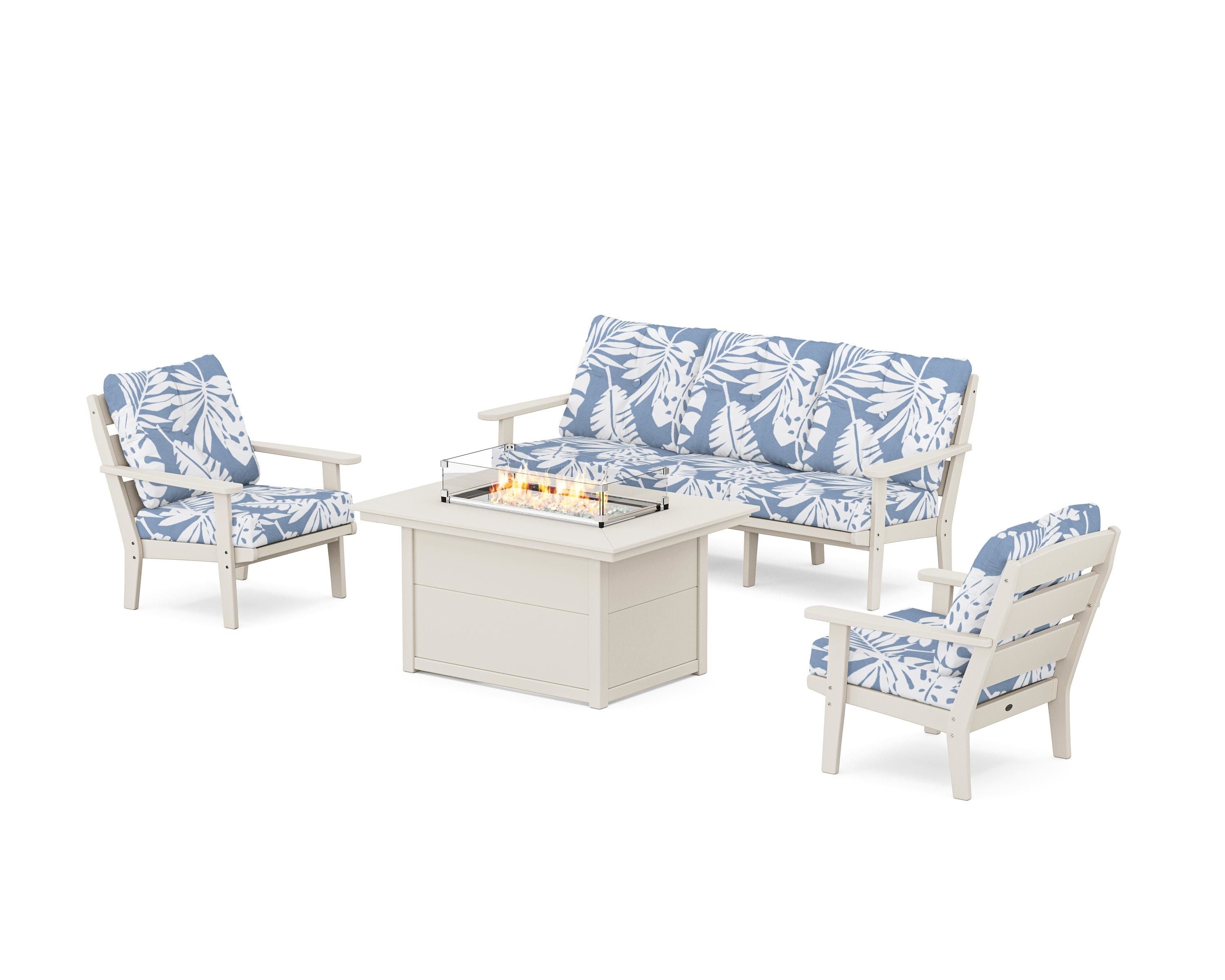 POLYWOOD® Lakeside Deep Seating Fire Pit Table Set in Sand / Leaf Sky Blue