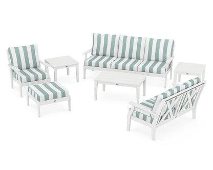 POLYWOOD® Braxton 7-Piece Deep Seating Set in White / Cabana Stripe Glacier Spa