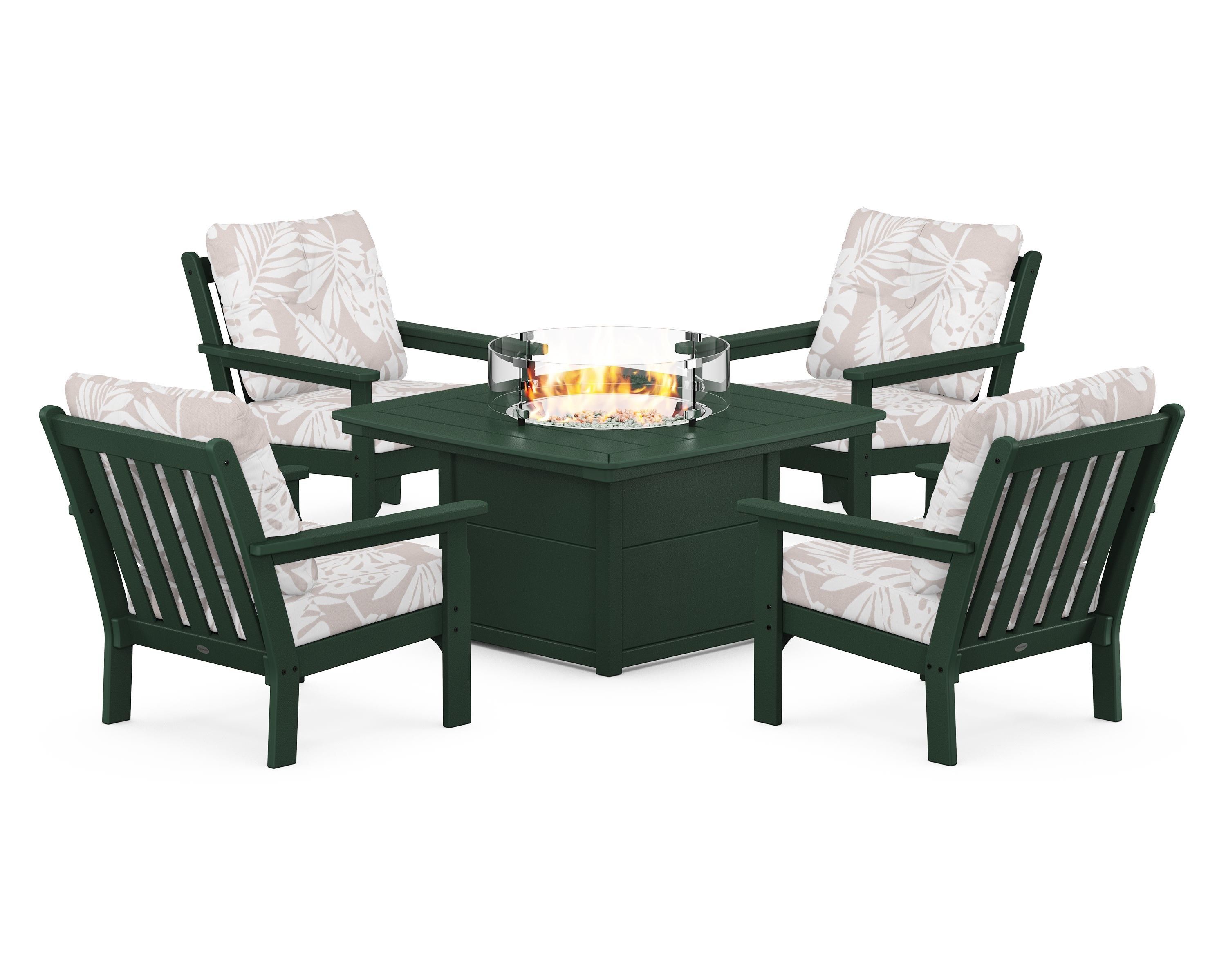 POLYWOOD® Vineyard 5-Piece Conversation Set with Fire Pit Table in Green / Leaf Dune Burlap