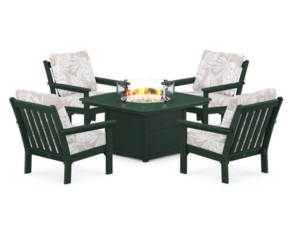 POLYWOOD® Vineyard 5-Piece Conversation Set with Fire Pit Table in Green / Leaf Dune Burlap