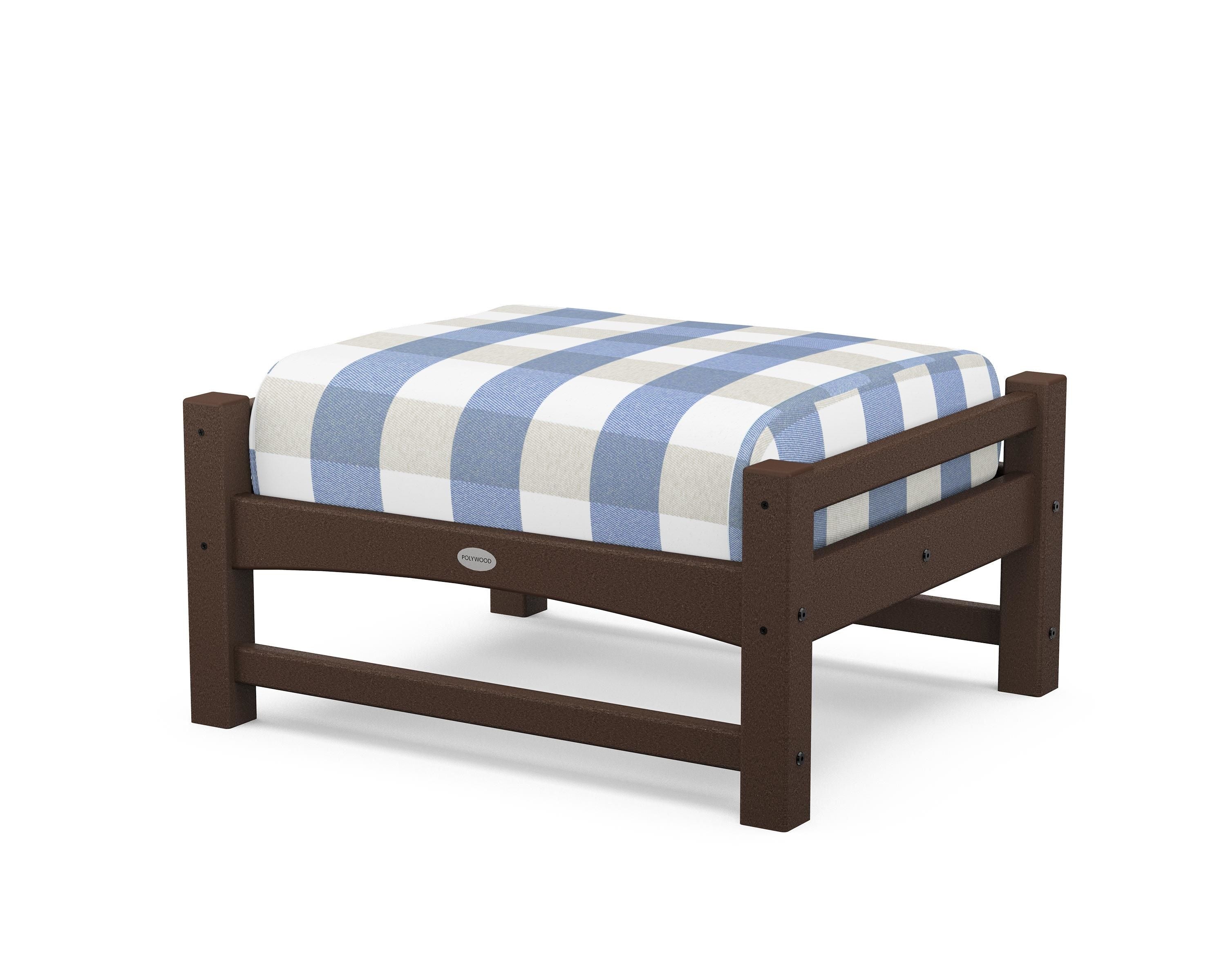 POLYWOOD® Club Ottoman in Mahogany / Buffalo Plaid Sky Blue