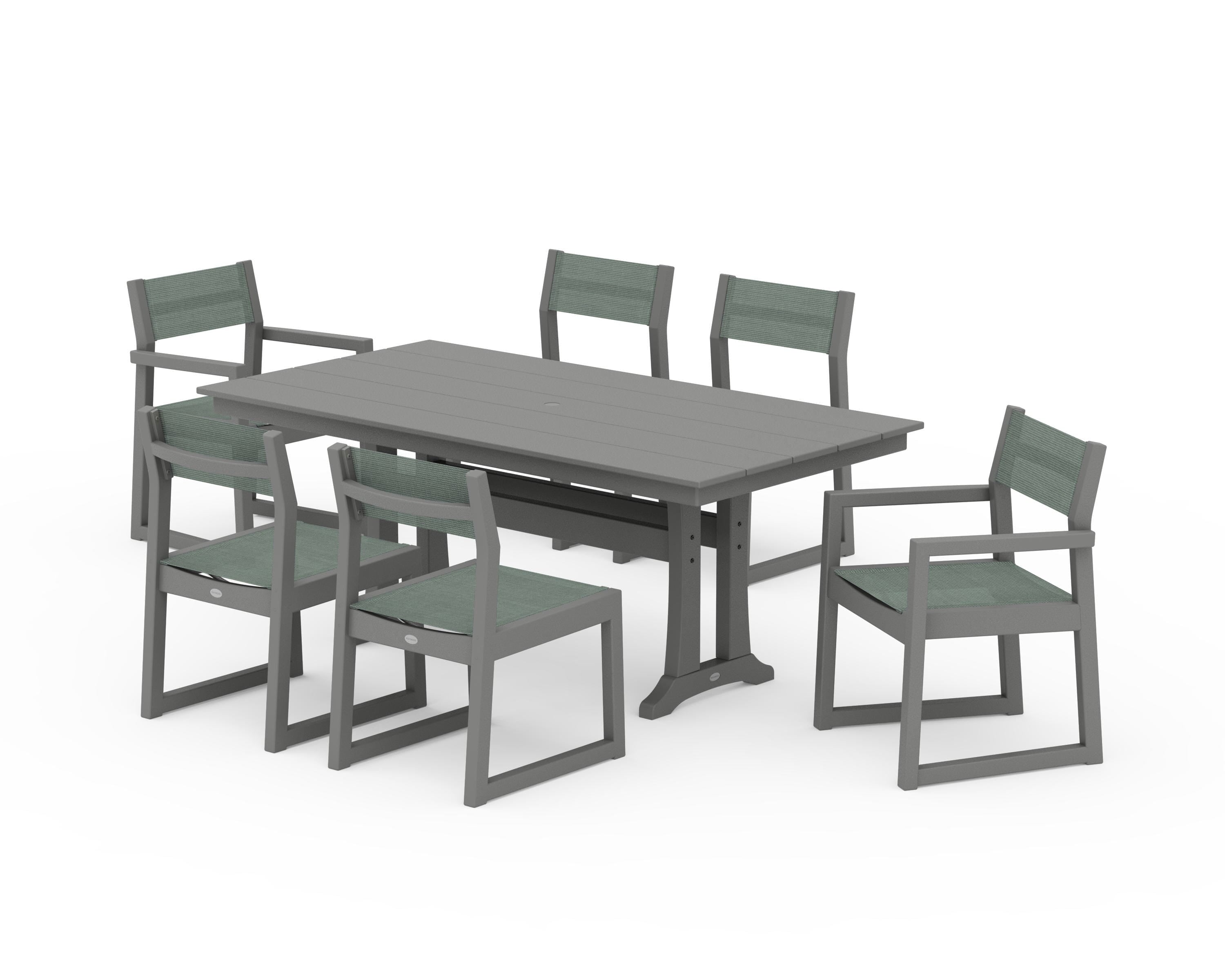 POLYWOOD® EDGE Sling 7-Piece Farmhouse Trestle Dining Set in Slate Grey / Dupioni Sea Mist Sling